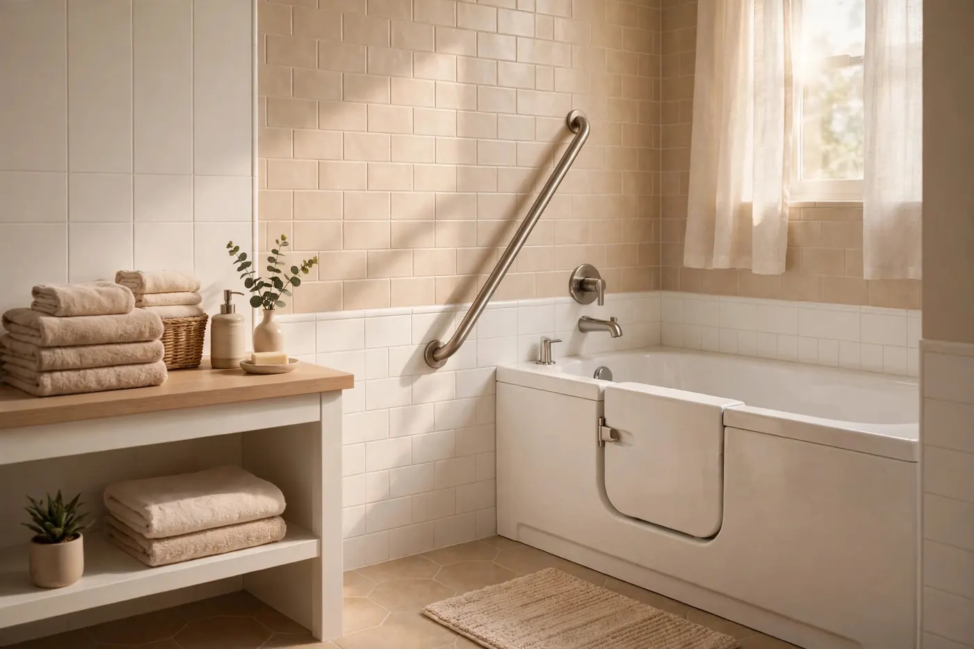 Bright bathroom with a grab bar beside the tub