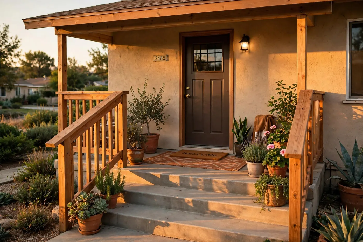 Home entry steps with a sturdy new wooden handrail in golden light