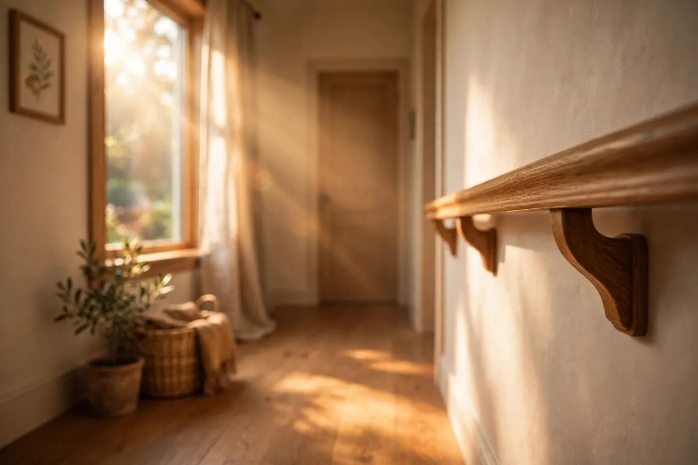 Sunlit home hallway with a wooden handrail in warm morning light