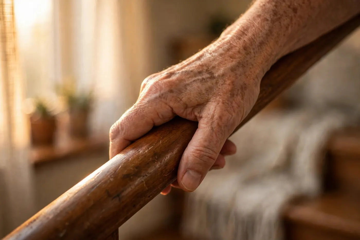 A hand gripping a polished wooden stair rail in warm light